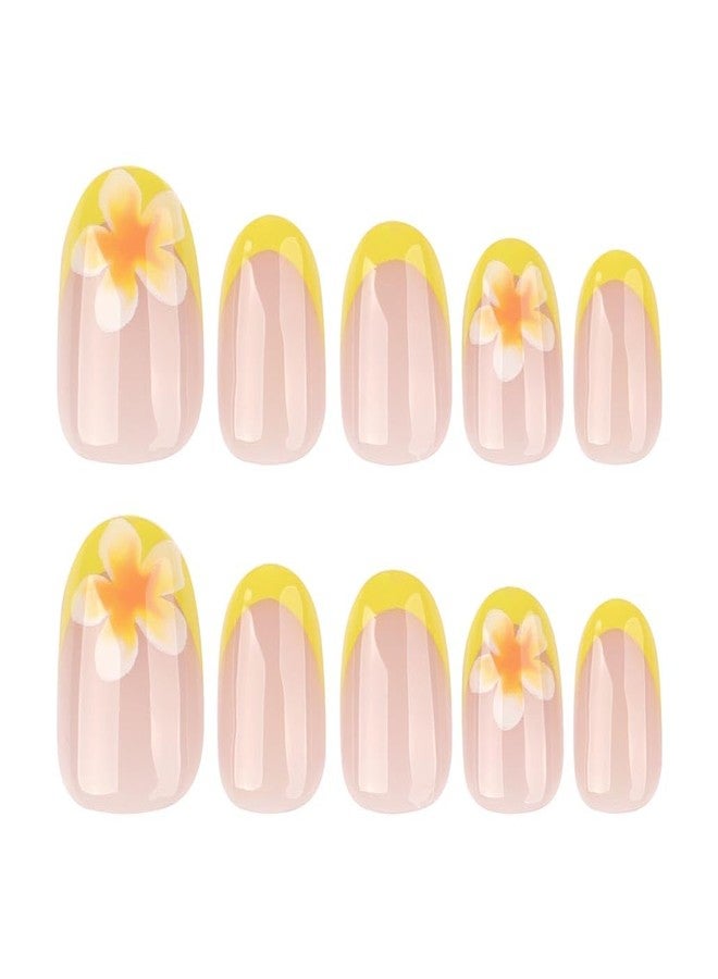 Foccna 24Pcs Press on Nails Short Almond Fake Nails with Flower Designs Nude Yellow Glossy Full Cover Stick on Nails Acylic Nails for Women and Girls - Image 4